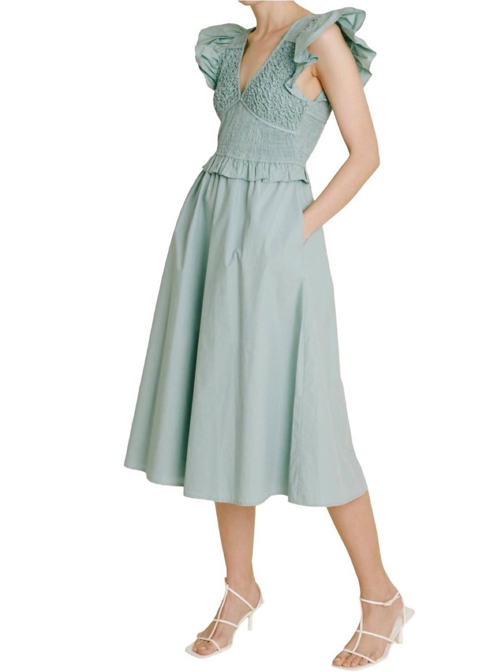 Aureum Robin Smocked Flutter Sleeve Midi Dress in Sage Small NWT - Picture 2 of 16
